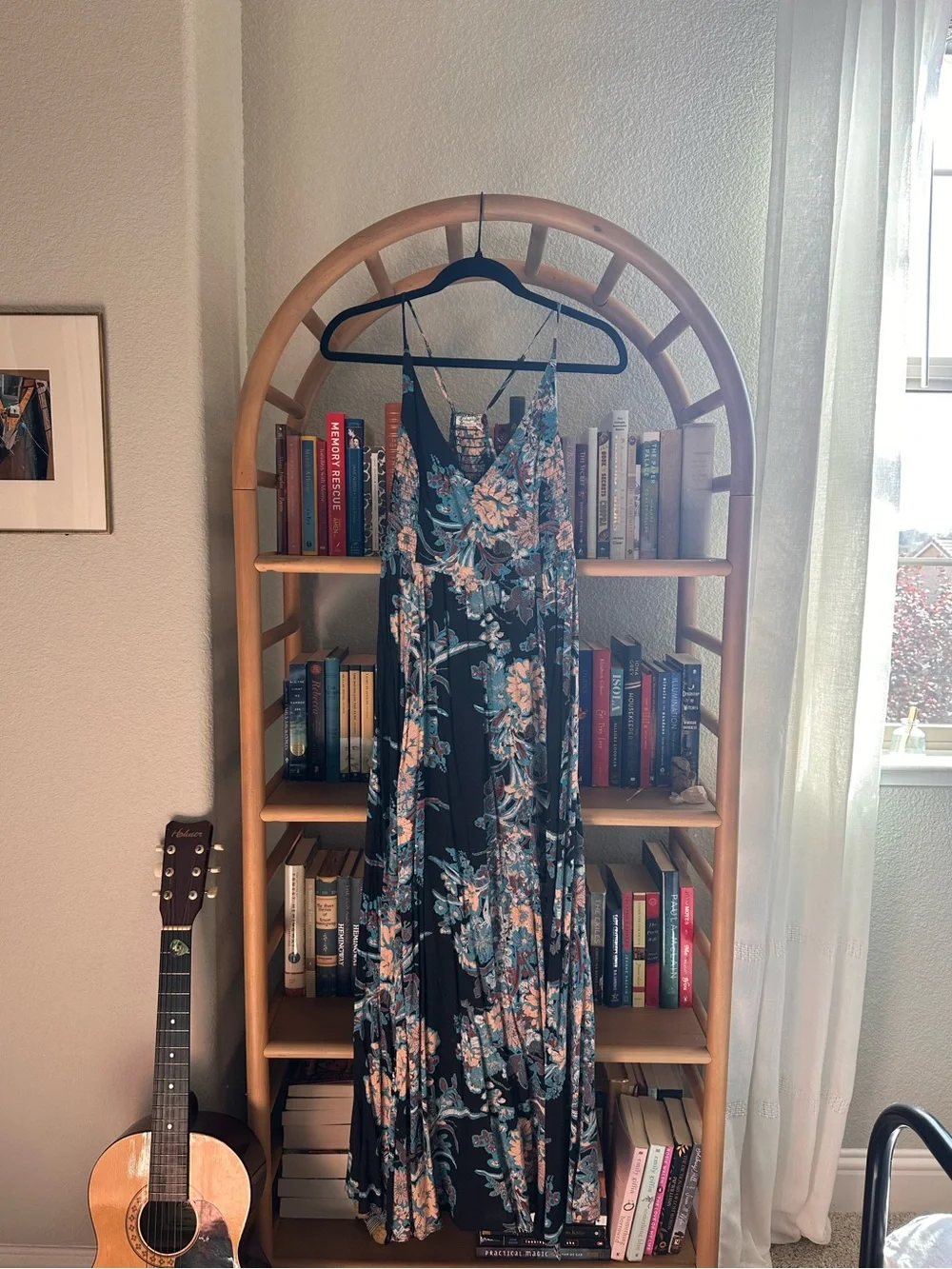 Free People Floral Maxi Slip Dress in Black with Blue & Peach Blooms